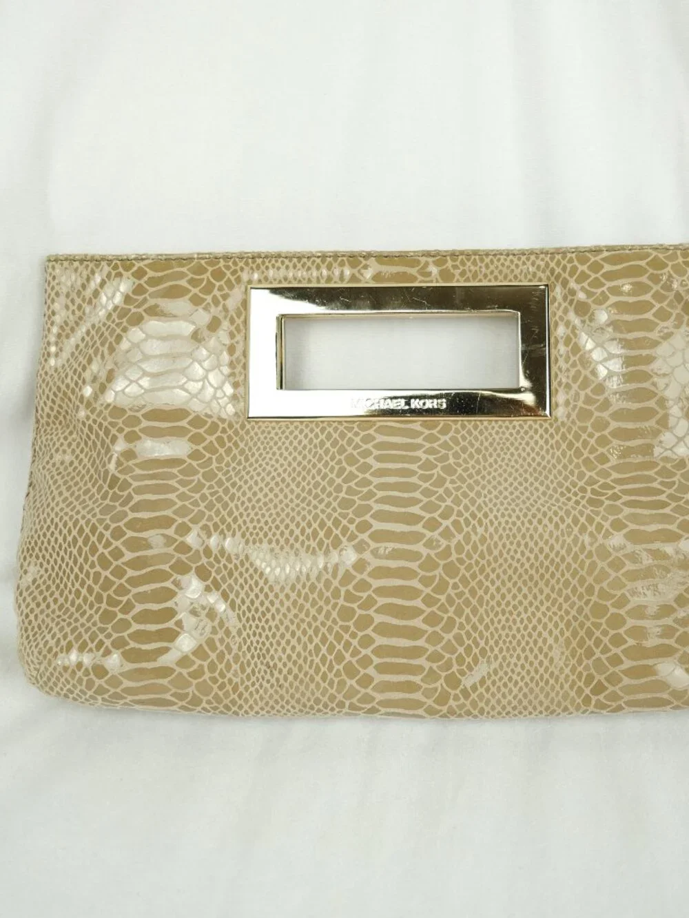 Michael Kors Snakeskin Clutch Gold Metal Handles Soft Beige Purse